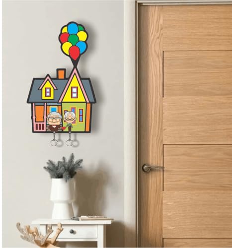 Image of Up Movie Theme Based Keychain Holder For Couples, Printed Stylish Wooden Keychain For Couples | Gift For Her | Gift For Him | Gift For Girlfriend | Gift For Boyfriend,Multi-Coloured