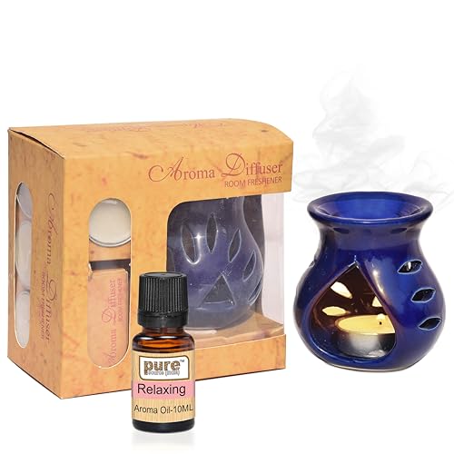 Image of Pure Source India Ceramic Aroma Oil Diffuser Gift Set with 10ML Relaxing Oil & Tealight Candles | 97 Burner for Home Fragrance & Relaxation | Ideal for Gifting & Home Decor (Navy Blue)
