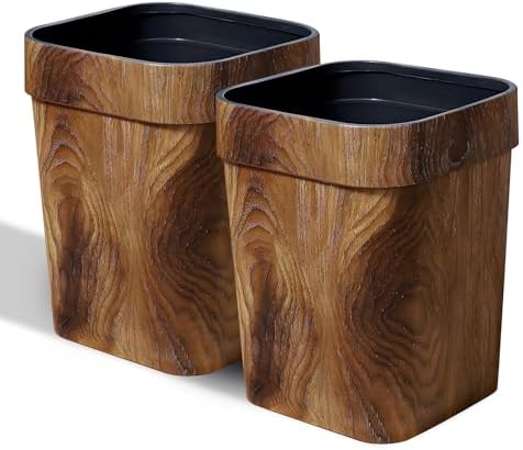 Wood Grain Plastic Trash Can Bedroom, Square 2-Pack, 3.7 Gal Farmhouse Wastebasket Bin Retro Style, Brown Trash Can for Room Aesthetic, Open Top Garbage Can for Office, Living Room, Hotel, Bathroom