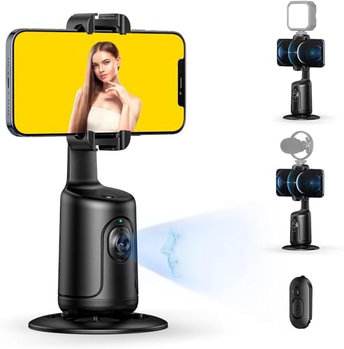 Auto Face Tracking Tripod 360° Rotation with 2 Cold Shoes&Remote,No App,Auto Tracking Phone Holder Mount,Moving Tripod for Live Streaming,Vlog,Shooting Video,Tiktok Rechargeable Battery