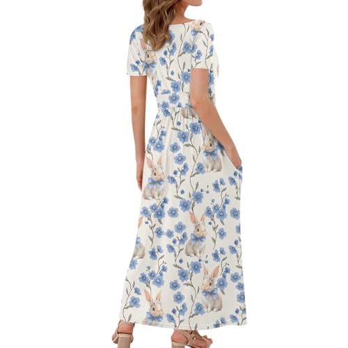 Image of Women's Fall Summer Short Sleeve Ankle Length V-Neck Party Dress with Pockets Size S-3XL