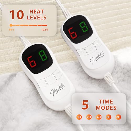 Image of Homemate Electric Heated Blanket Queen Size - 84 inchx90 inch Heating Blanket Queen Size Dual Control 1 /2 /4 /6 /8 Hours Auto-Off 10 Heat Level Over-Heat Protection Soft Flannel Sherpa ETL Certification