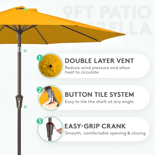 Image of JEAREY 9FT Outdoor Patio Umbrella Outdoor Table Umbrella with Push Button Tilt and Crank, Market Umbrella 8 Sturdy Ribs UV Protection Waterproof for Garden, Deck, Backyard, Pool (Bright Orange)