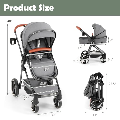 Image of INFANS 2 in 1 Baby Stroller, Foldable High Landscape Shock Absorption with Reversible Seat, Newborn Convertible Stroller Bassinet for Infant Aluminum Structure for Toddler Pushchair 0-36 Month