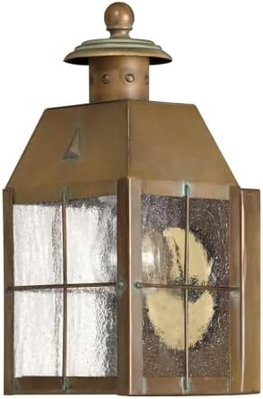 Hinkley Nantucket Single Light Outdoor Wall Mount Lantern, Brass Material, Clear Seedy Glass Panels, New England Design, Natural Patina, Aged Brass Finish