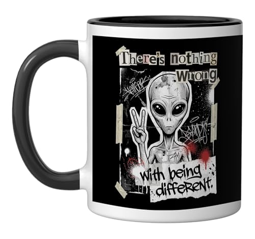 Nothing Wrong With Being Different Alien Punk Grunge Art Ceramic Mug, Black/White
