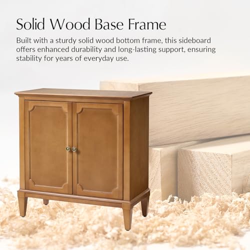 Image of Accent Storage Cabinet with Adjustable Shelf, 2-Doors Transitional Sideboard Buffet with Solid Wood Legs & Vintage Metal Knobs for Living Room or Kitchen, Hallway, Teak
