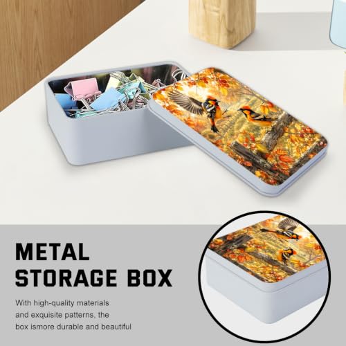 Image of Decorative Metal Tin Box with Lid,Autumn Birds Golden Organizer