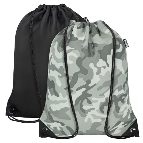 Drawstring Backpack 2Pcs Drawstring Bags Bulk, Black+Grey Camo | String Bag Backpack for Men Women, Cinch Sack Outdoor Sport Gym Backpack for Traveling, Swimming, Beach