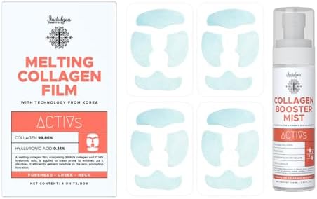 Indulgeo Essentials Melting Collagen Film Face Mask + Booster Mist Combo | Self-Dissolving Korean Glass-Skin Collagen Patches for Wrinkles & Firming | 99.86% Collagen | 4 Sachets + Skin Tightening Collagen Toner