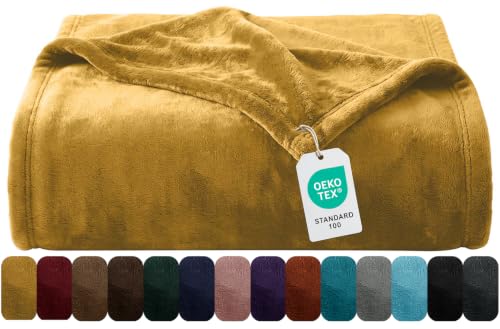 Image of Oxford Homeware Fleece Blanket Sofa Throw Cuddly Reversible Soft Throws for Bed, Couch, Settee, Travel Lightweight and Breathable Blanket fit All Season (Mustard, Throw/Single)