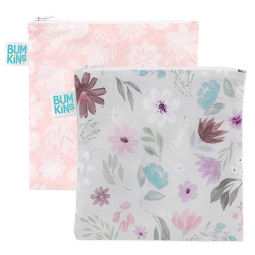 Image of Bumkins Reusable Sandwich and Snack Bags, for Kids School Lunch and for Adults Portion, Washable Fabric, Waterproof Cloth Zip Bag, Travel Pouch, Food-Safe Storage, Large 2-pk Floral and Lace