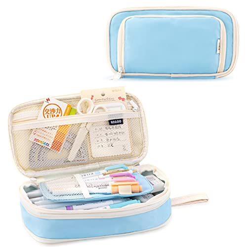 Image of iSuperb Large Capacity Pencil Case Light Blue Pencil Pouch Portable Pen Bag with 2 Compartments Pen Organizer Gifts for School Teen Boys Girls Men Women