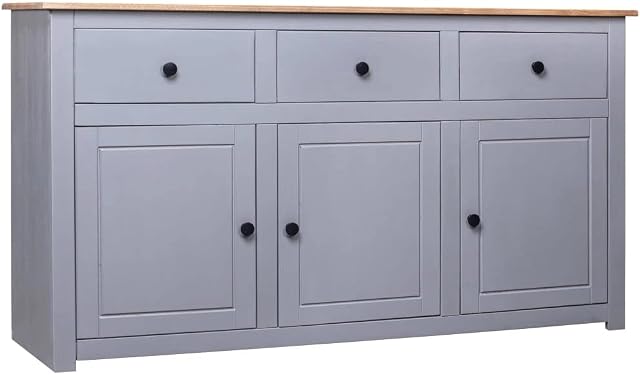 vidaXL Solid Wood Pine Sideboard 3 Drawers 3 Doors Storage Chest Side Cabinet Lowboard Wooden Large Sideboard Drawer Cabinet Unit for Livingroom Grey