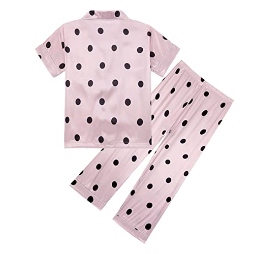 Girls Silky Satin 𝐏a𝐣amas Set Button-Down 𝐒lee𝐩wear 𝐏𝐣s Short Sleeve Shirt and Long Pants Kids Cute Pattern 2PC 𝐑obe3