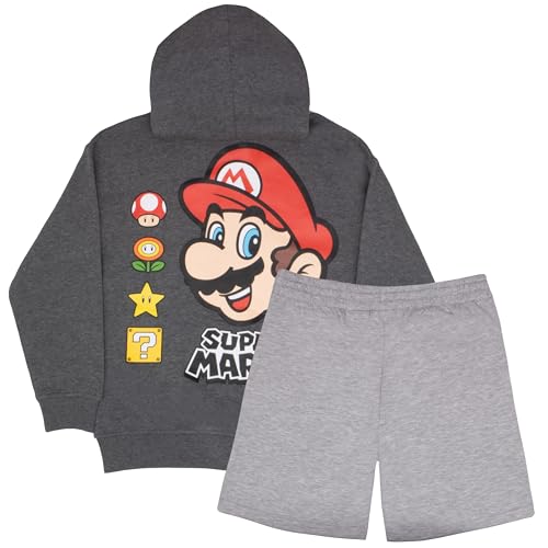 Image of Nintendo Super Mario, Bowser, Mario Kart Boys Zip-Up Hoodie and Shorts 2-Piece Set - Graphic Sweatshirt and Shorts for Kids