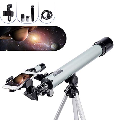 NOCOEX F60050 Telescopio para Principiantes y Niños - Apertura de 50 mm Longitud Focal de 600mm f/12 - Ocular*2, 3x lente de Bralow Trípode, Adaptador de Teléfono, Control de Obturador