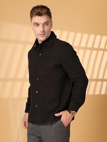 Image of CHKOKKO Men Tweed Modern Winter Coat Hip Length Single Breasted Overcoat With Spread Shirt Collar| Buttoned Cuffs And Front Side Pockets For Stylish Casual Or Formal Wear