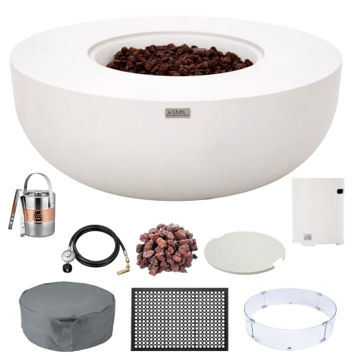 Image of AMS Creations | Eclipse 44 inch Bundle Round Cast Concrete Propane Gas Fire Pit Bowl Table | Cream White | Smooth Texture Surface | Electronic Ignition | Outdoor Patio Heater Outside Backyard Fireplace
