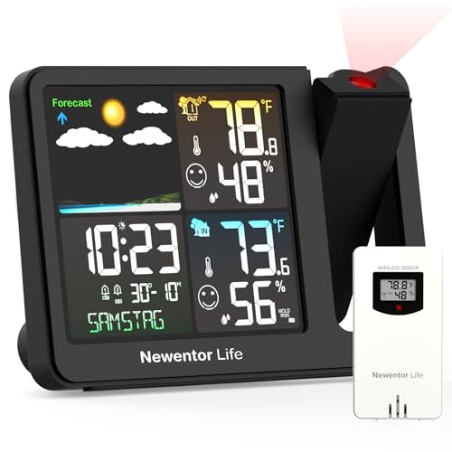 La mejor selección de Relojes meteorológicos - los preferidos. 41 Reloj despertador de proyección Newentor, reloj de proyección para techo de dormitorio, estación meteorológica con termómetro y proyector para interior y exterior TEM&Hum,...