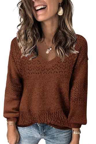 FEKOAFE Womens 2026 Casual Sweater Brown V-Neck Hollow Out Crochet