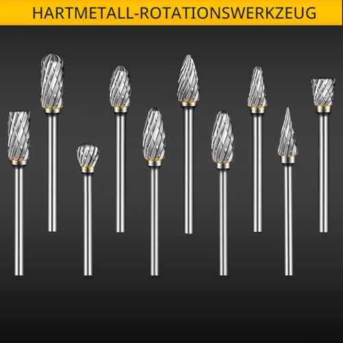 Hartmetall Frässtifte Set, 10 Stück Doppelschnitt-Frässtifte mit 3mm Schaft kompatibel mit Dremel, Drehwerkzeug Zubehör für Schleifen, Schnitzen, Metallpolieren, Gravieren, Bohren