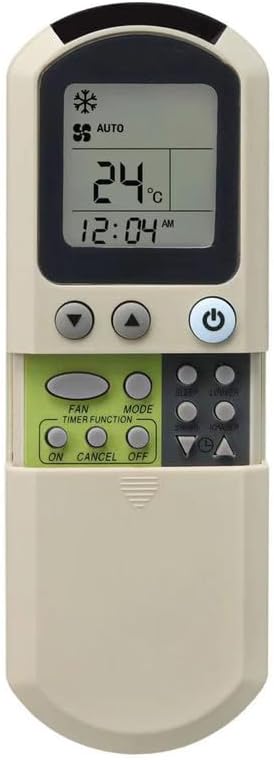 Przód view of the KRPTQJoo remote control, showing the display with 'AUTO' mode and 24 degrees Celsius, along with various function buttons.