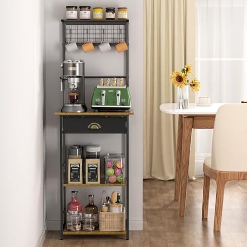 5 Tier Coffee Bar Station with Drawer, Coffee Stand with 4 S-Shaped Hooks, Farmhouse Corner Coffee Bar Cabinet for Small Spaces, Bakers Rack for Kitchen, Living Room, 13.43"D x 18.93"W x 53.31"H Cover