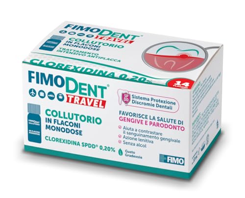 Fimodent Travel Collutorio - Clorexidina 0.20% con SPDD (Sistema Protezione Discromie Dentali) e gradevole gusto menta - Trattamento antiplacca e antibatterico prolungato - 14 monodose da 10mL