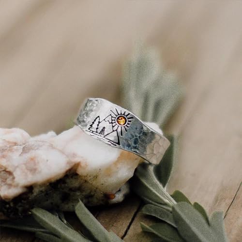 Vintage Mountain Sunset Band Ring for Women Silver Plated Adjustable Statement Nature Forest Landscap Knuckle Hugging Wrape Rings Wedding Christmas Holiday Jewelry Delicate Gifts4