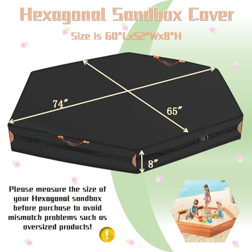 Image of Outdoor Hexagonal Sandbox Cover with Two Night-Vision Reflective Handles and 6.1 Meter Webbing Loops, Featuring an Elastic Drawstring at The Bottom. Suitable for sandboxes up to 74 inch L x 65 inch W x 8 inch H.