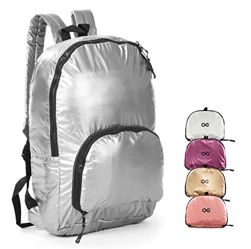 OG Online&Go Mochila Mujer Plegable Ultra-Ligera 20L, Bolso Pequeño Chica, Plata, Impermeable, Compacta, Bolsa Compra
