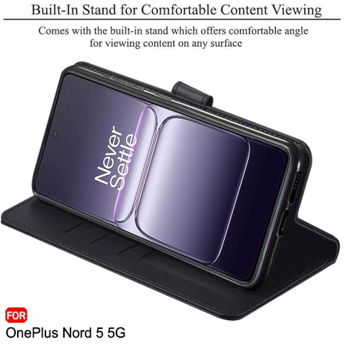 Image of TheGiftKart heGiftKart Genuine Leather Finish Flip Back Cover Case for OnePlus Nord 5 5G | Inbuilt Pockets & Stand | Wallet Style | Designer Button Magnet Flip Back Cover Case (Faux Leather, Black)