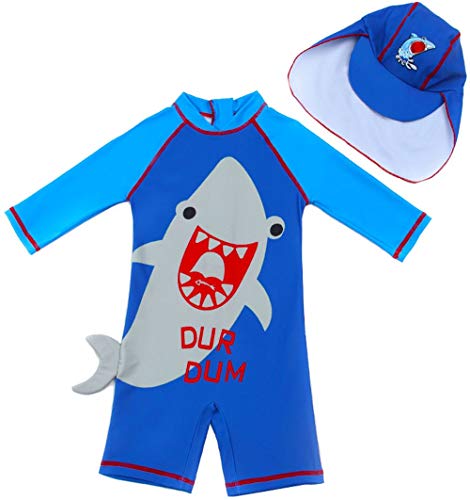 Baby Toddler Boy One Piece Swimsuit Set Infant Zip Bathing Suit Swimwear Shark Eat Fish (9-18 Months)