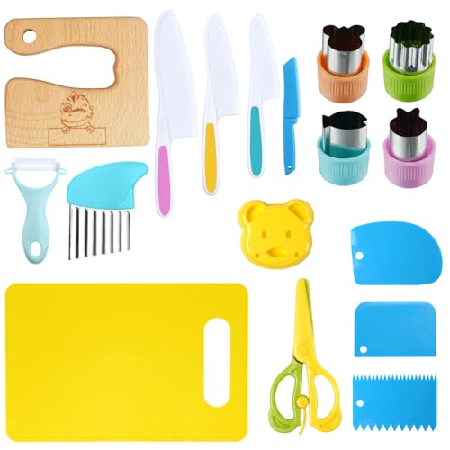 Vicloon Kindermesser 17-teiliges Kinder Sicherheit Küchenmesser, Kindermesser zum Schneiden und Kochen,Kinder Sicherheit Kochmesser,Inklusive Holzmesser Schneidebrett Schäler,Geschenke für Kleinkinder