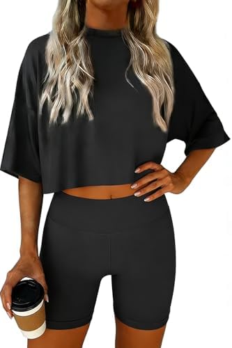 Women 2 Piece Lounge Set 2026 Summer Short Sleeve Crop Tops Shirt...