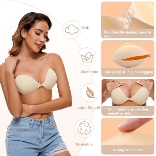 Image of RELIRELIA Women's Sticky Self Adhesive Invisible Strapless Reusable Silicone Push Up Backless Bra