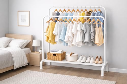 Image of Raawan Heavy Duty Double Rod Clothes Rack with Side Storage Shelves | Metal Garment Stand Organizer | Space Saving Cloth Hanger Stand for Bedroom, Living Room & PG (2 LAYER WHITE)