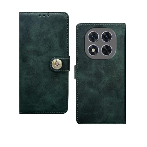 Image of amazon basics Flip Cover Back Case for Redmi Note 14 Pro 5G | Genuine Leather Finish | Designer Button | Inbuilt Pockets & Stand | Flip Back Case (Button Green)