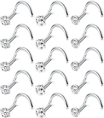 Roheafer 15 Pièces Piercing Nez, Piercing Au Nez Acier Chirurgical 316L, Strass Cubique Zirconia Nostril Piercing Argent pour Femme Homme, Labret Lèvre Nez...