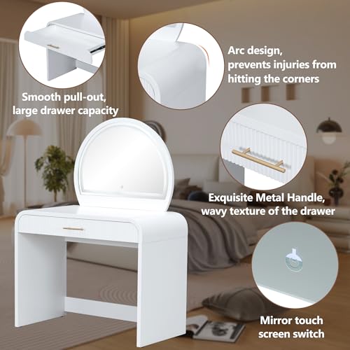 Image of JIVOIT 39 inch Vanity Table with Mirror, Makeup Vanity Table with Removable Mirror, Drawer, Curved Edges and Elegant Design, Modern Dressing Desk for Bedroom
