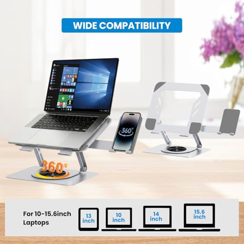 Image of Dyazo 360 Rotation 2 in 1 Laptop Stand with Mobile Holder | Multi Height & Angle Adjustable Design with Cooling Vent & Anti-Slip Pads | Compatible for MacBook, HP, Dell, Acer, Lenovo & More (Silver)