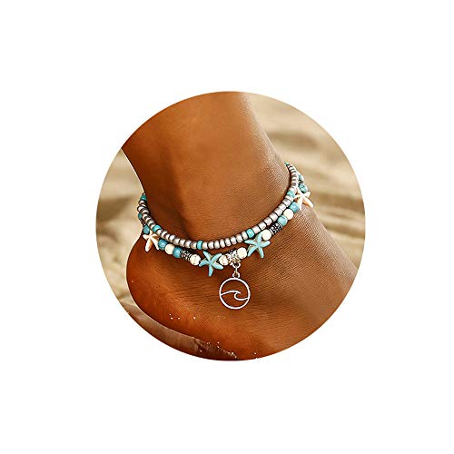 Image of Softones Blue Starfish Turtle Anklet Multilayer Charm Beads Sea Handmade Boho Anklet Foot Jewelry for Women
