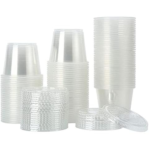 TashiLiving [200Sets-5.5oz Clear Plastic Disposable Portion Cups with Lids, Souffle Cups, Condiment Cups,Jello Shots, Slime & Medicine Premium Small Plastic Containers Cover