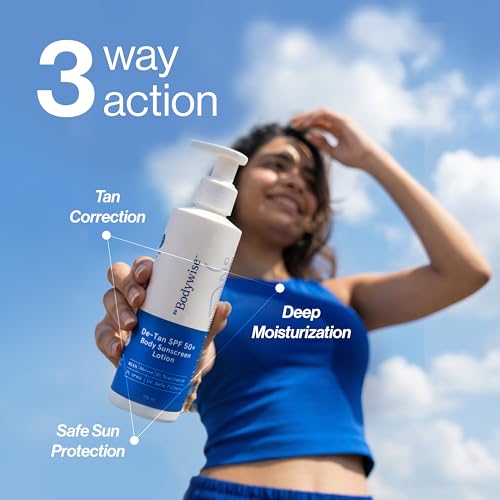 Image of Be Bodywise De-tan Body Sunscreen Lotion with SPF 50+ PA++++ | Broad Spectrum UVA & UVB Protection, No White Cast, Hydrates Skin | Niacinamide, Papaya & Guava Extract |Light-weight & Non-greasy, 175ml