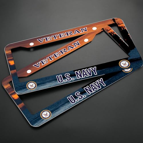 Image of 2PCS License Plate Frames for Veteran U.S.Navy,Car License Plate Bracket Holder, Premium Aluminum Alloy Weather Proof License Plate Covers with Screw Caps Cover Set Car Accessories