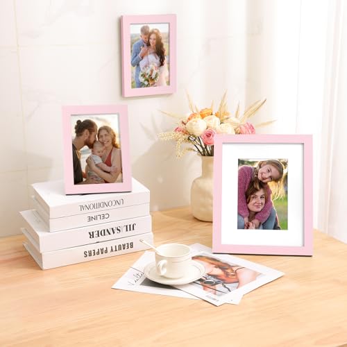 decorUhome 5x7 Picture Frame, Display Photos 4x6 with Mat or 5x7 Unmatted, Engineered Wood Frame with Plexiglass for Wall and Tabletop Display, Pink, Set of 1