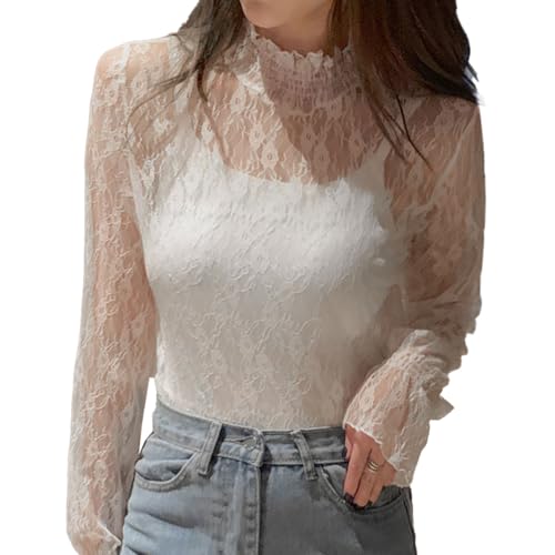EMOTTOS Tops de Encaje Sexy de para Mujer, Camiseta de Malla con Estampado de Flores Escote Medio Alto, Elegante Festival Camiseta Rejilla Transparente para Señoras, Blanco, XL