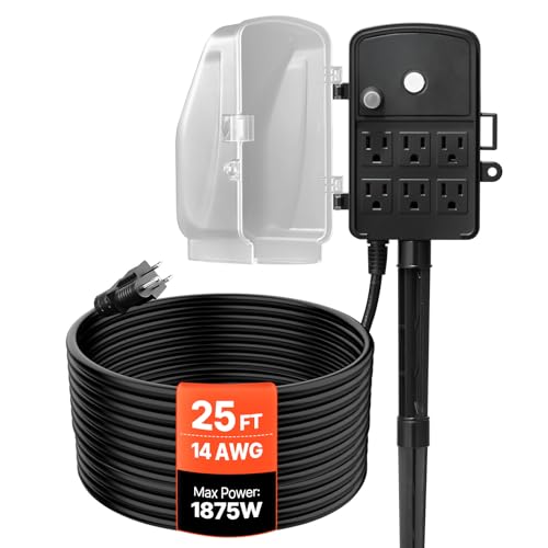 VEVOR Outdoor Power Stake Waterproof 25 FT Extension Cord Outdoor Power Strip Weatherproof with Cover and Overload Protection 6 Outlets 15A/1875W for Halloween/Christmas Lights Decorations