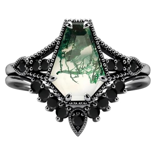 Black Wedding Ring Set For Women, 2.7 Ct Genuine Green Moss Agate Black Band Two-In-One Wedding Rings For Bridal Unique Coffin Cut Natural Moss Agate Engagement Ring Gift For Her